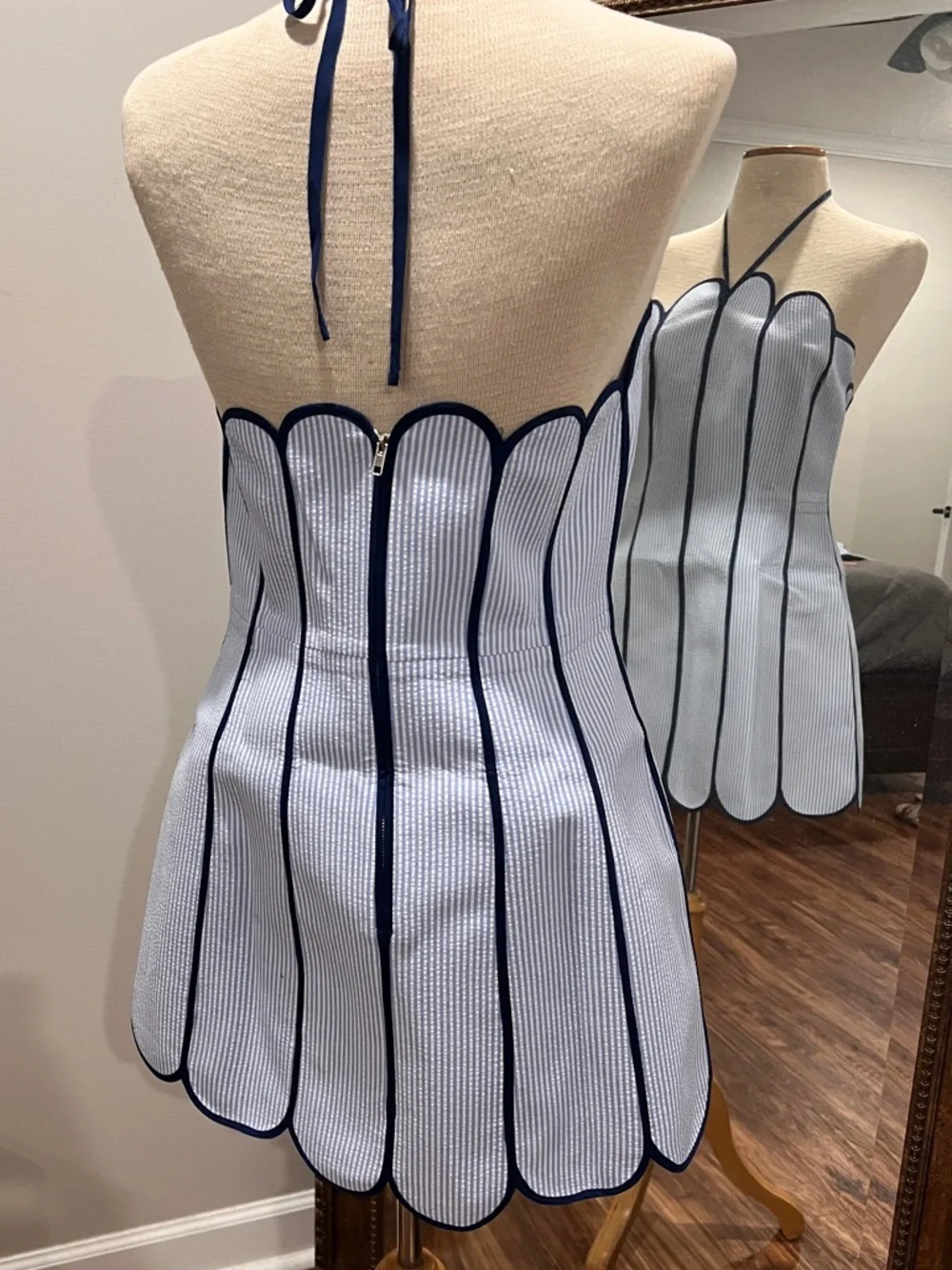 Striped Blue & White Scalloped Strapless Mini Dress - Picture 4 of 11